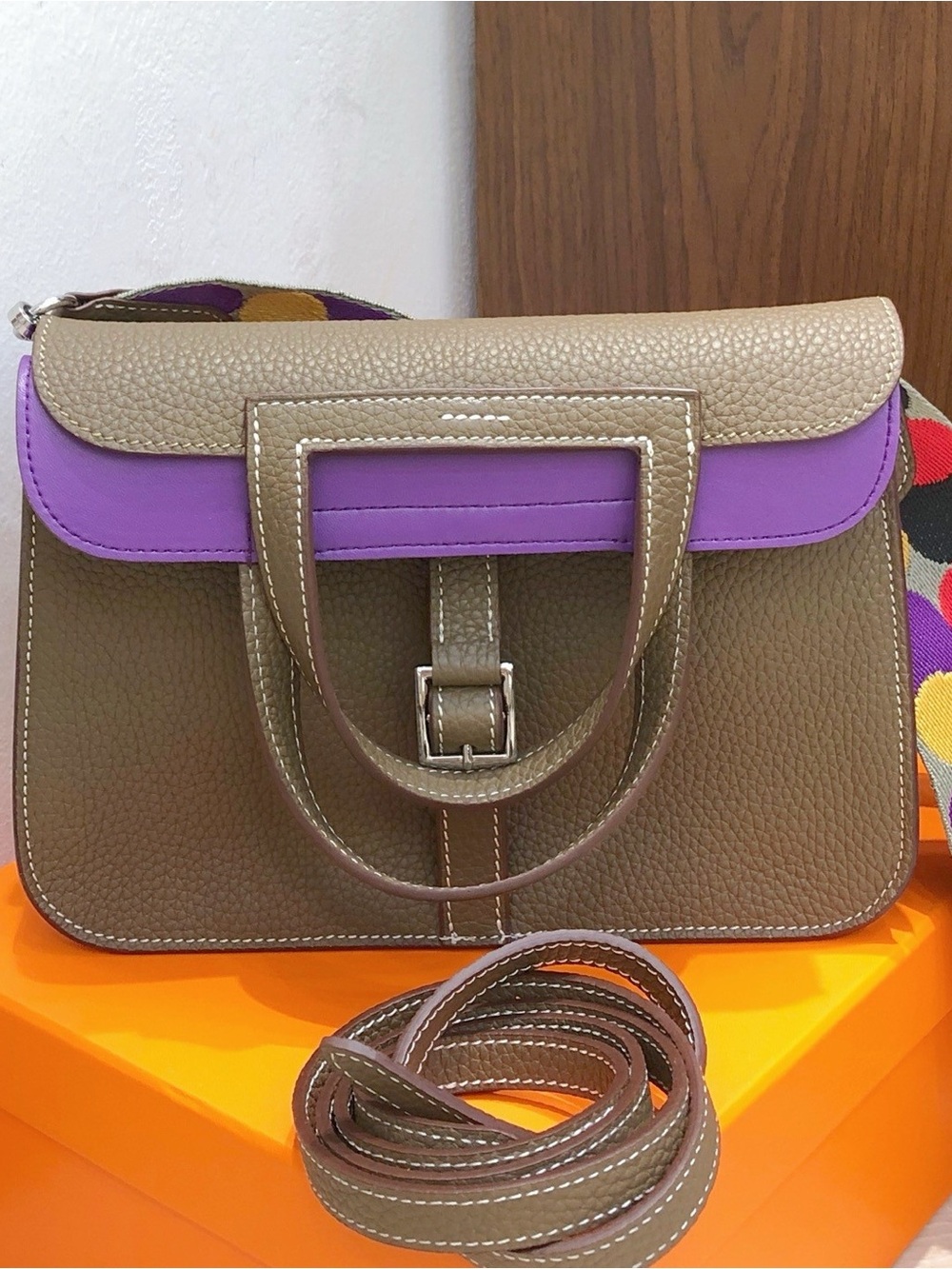 Hermes Taupe Satchel with Purple Accent